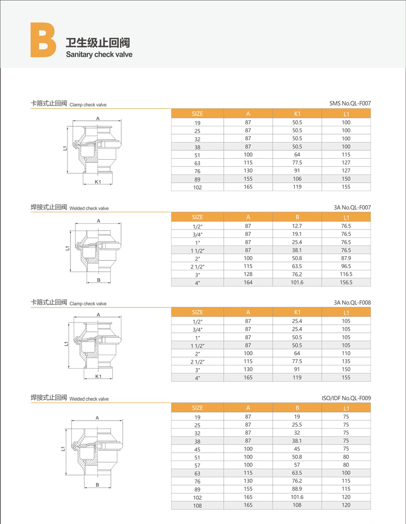 进口卫生级止回阀尺寸